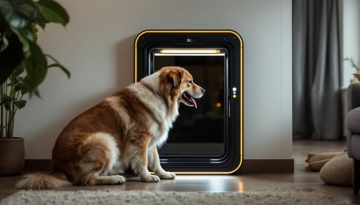 A photograph of capture a photograph of a large dog using an industrial robotic electronic pet door