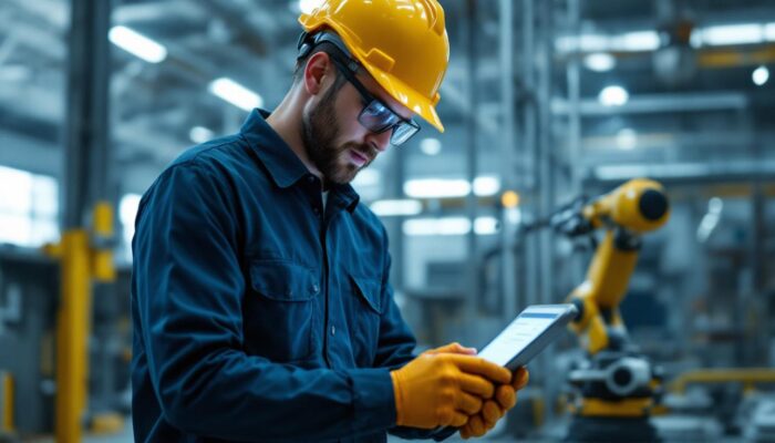 A photograph of a skilled technician performing an industrial robotic inspection in a modern facility