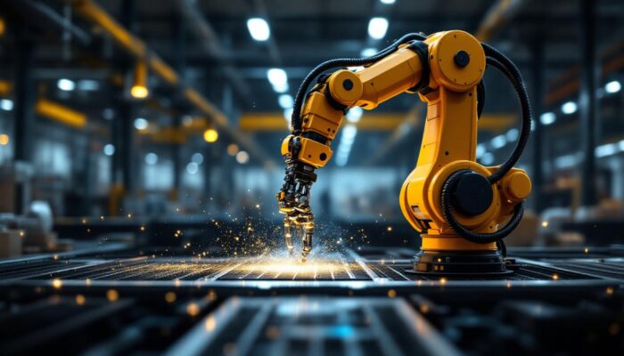 A photograph of a modern industrial robotic arm in action within a high-tech warehouse environment