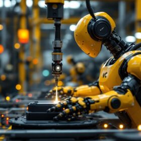 A photograph of a sleek industrial robot in action
