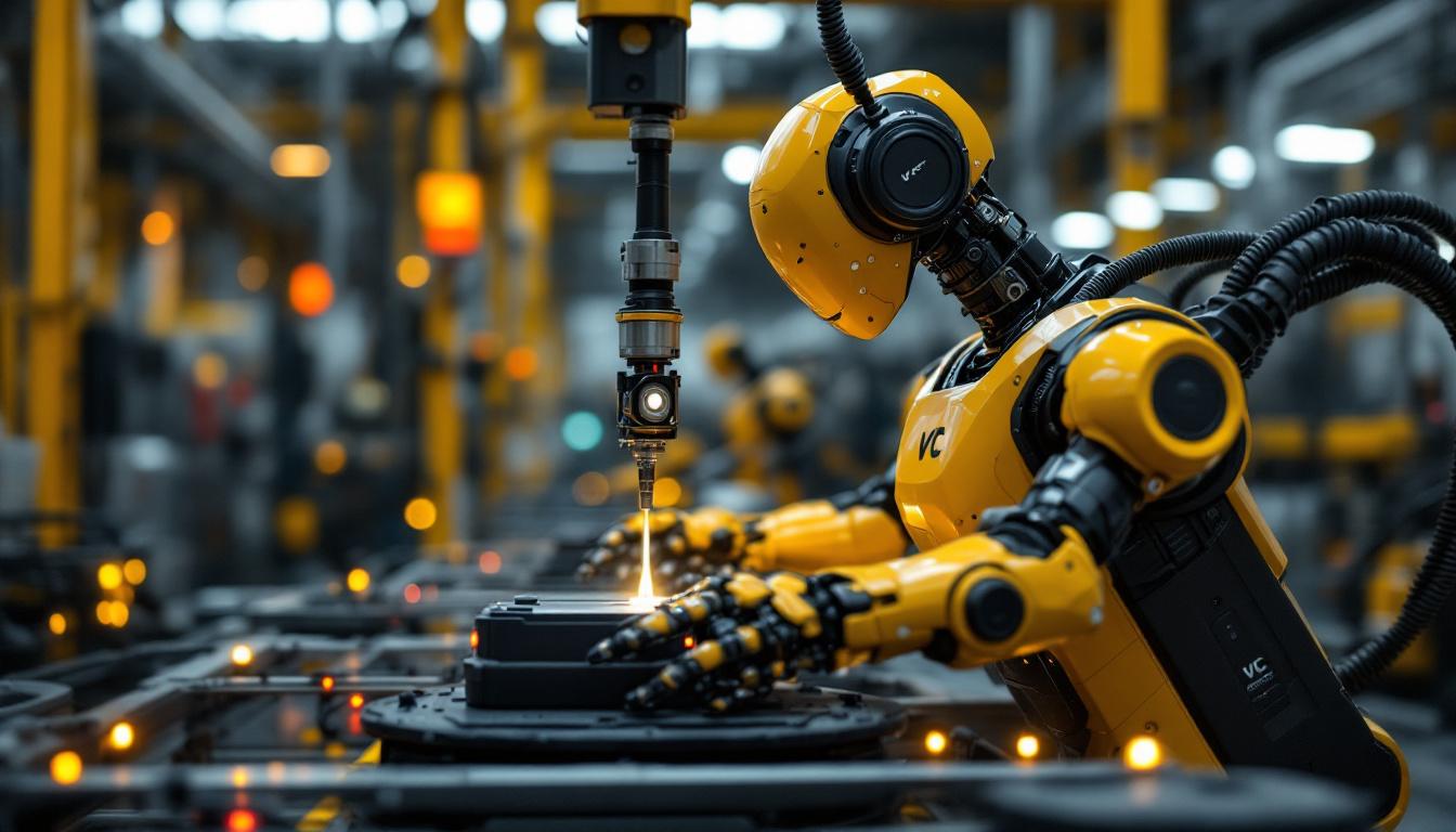 A photograph of a sleek industrial robot in action