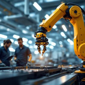 A photograph of a sleek industrial robotic arm in action within a manufacturing environment