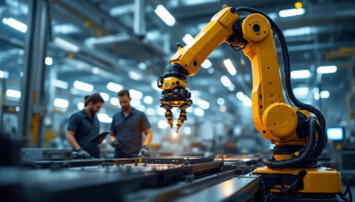 A photograph of a sleek industrial robotic arm in action within a manufacturing environment