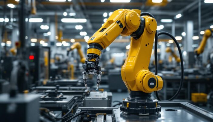 A photograph of a sleek industrial robotic arm in action within a modern manufacturing environment