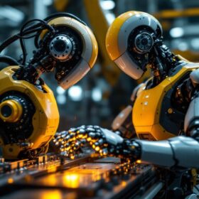 A photograph of a sleek industrial robot in action