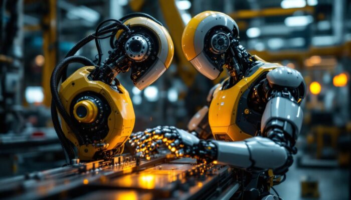 A photograph of a sleek industrial robot in action