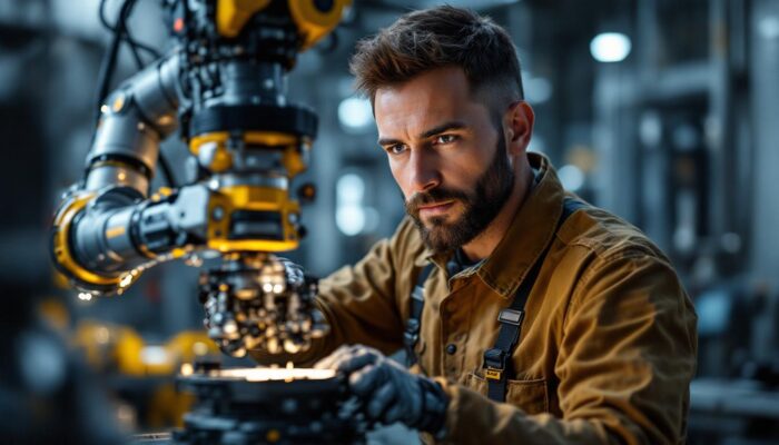 A photograph of a skilled technician performing maintenance on a robotic arm in an industrial setting