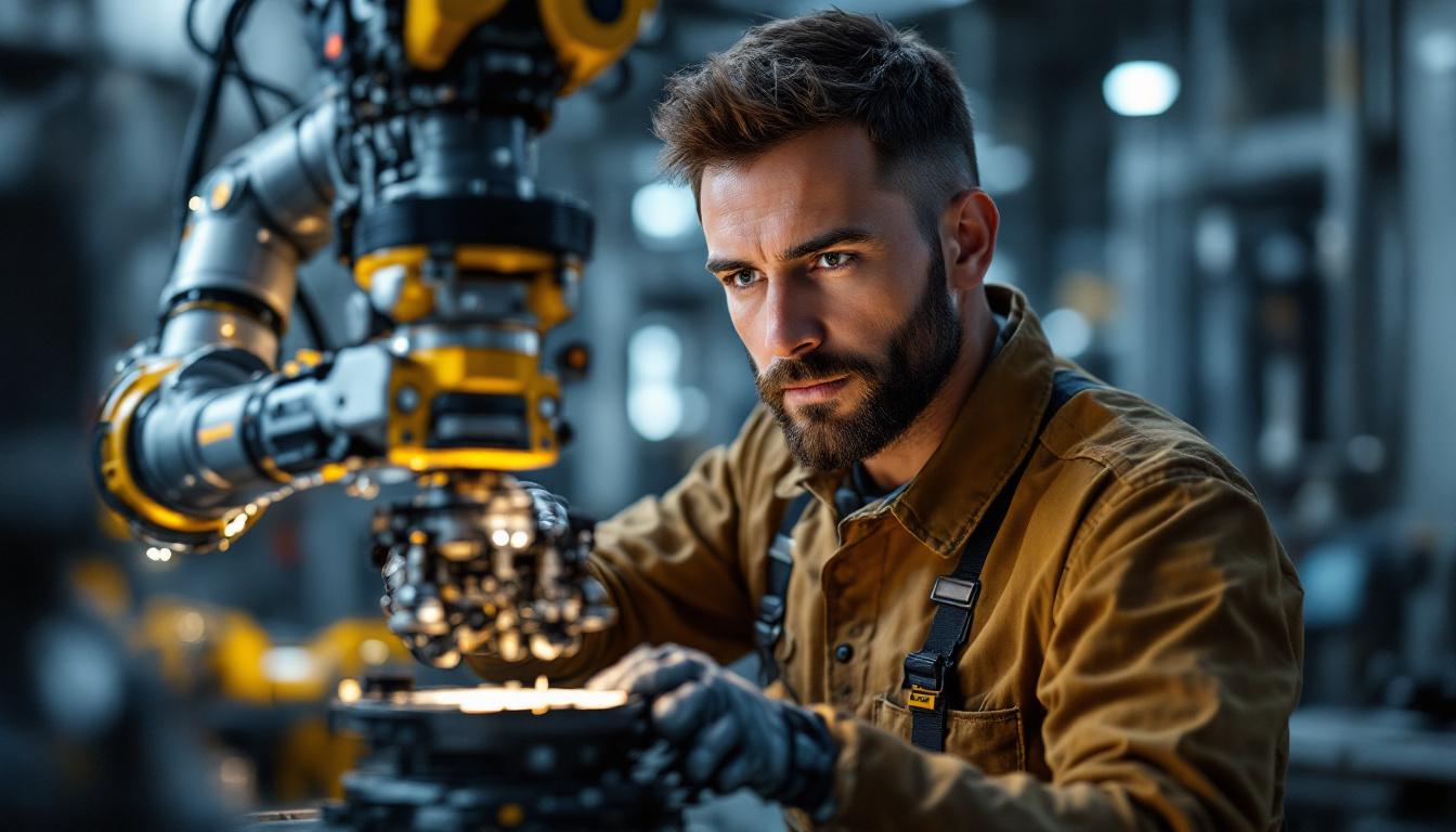 A photograph of a skilled technician performing maintenance on a robotic arm in an industrial setting