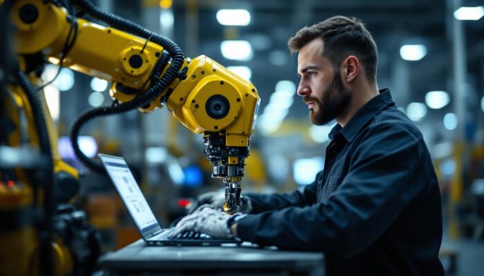 A photograph of a skilled technician programming or operating an industrial robotic arm in a modern manufacturing setting