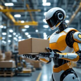 A photograph of a sleek industrial robot in action within a modern manufacturing facility