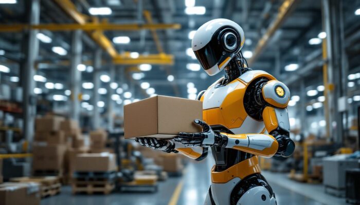 A photograph of a sleek industrial robot in action within a modern manufacturing facility