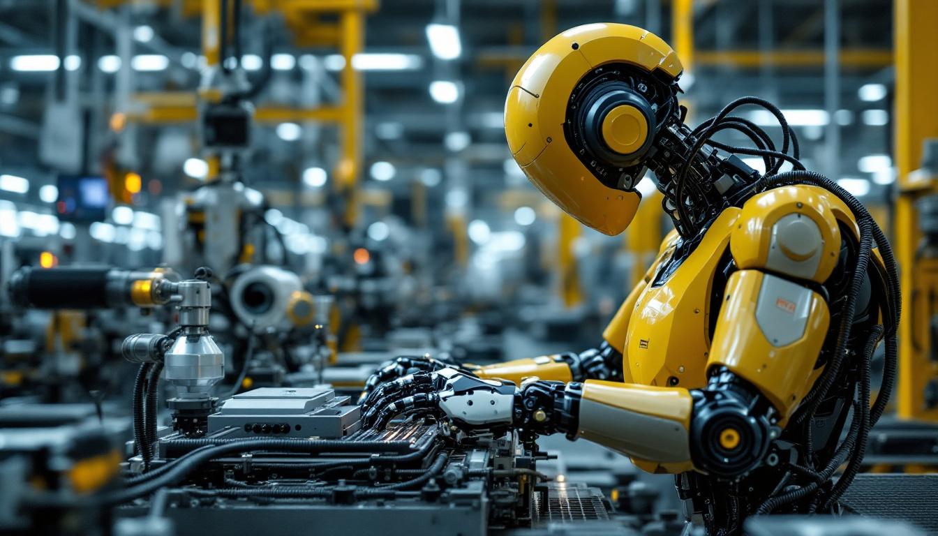 A photograph of a sleek industrial robot in action on a factory floor