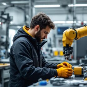 A photograph of a biomedical engineering student working hands-on with industrial robotic equipment in a lab setting