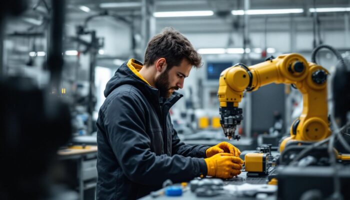 A photograph of a biomedical engineering student working hands-on with industrial robotic equipment in a lab setting