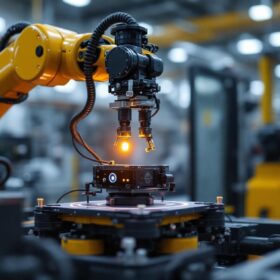 A photograph of a high-tech industrial robot equipped with a lidar sensor in action