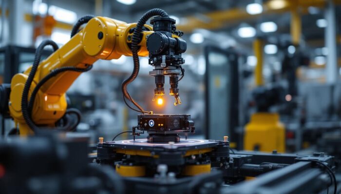 A photograph of a high-tech industrial robot equipped with a lidar sensor in action