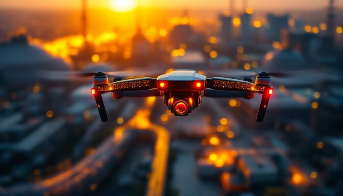 A photograph of a thermal drone in action over an industrial landscape