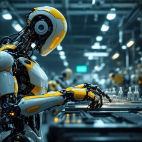 A photograph of a sleek industrial robot in action within a high-tech biotechnology facility