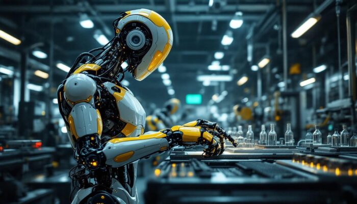 A photograph of a sleek industrial robot in action within a high-tech biotechnology facility