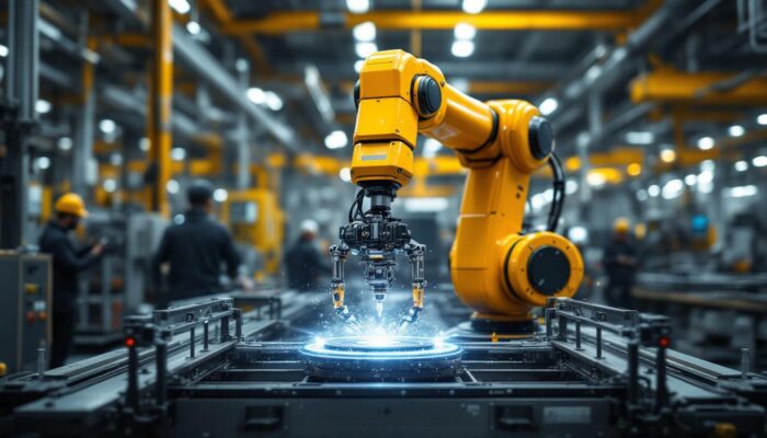 A photograph of a dynamic industrial robotic arm in action within a manufacturing setting