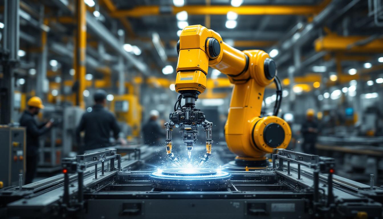 A photograph of a dynamic industrial robotic arm in action within a manufacturing setting