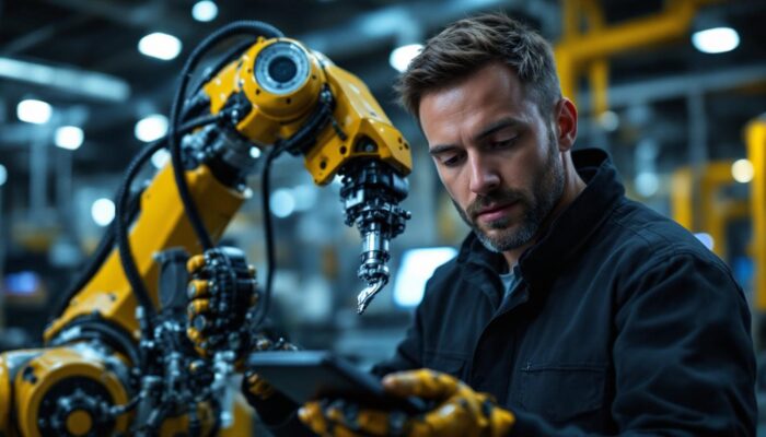 A photograph of a skilled inspection technician closely examining an industrial robotic arm in a well-lit manufacturing environment