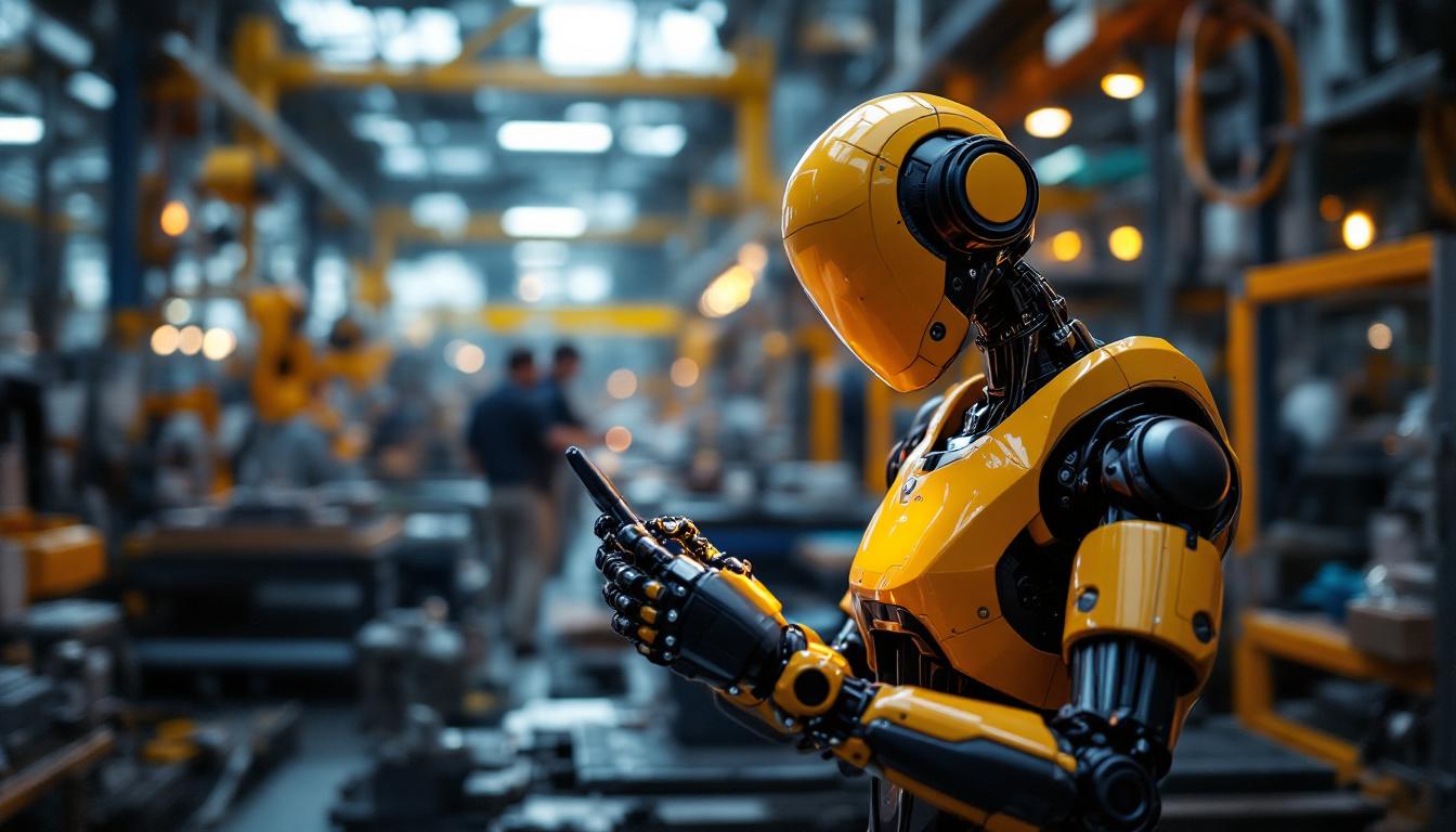 A photograph of a sleek industrial robot in action within a boston-based manufacturing facility