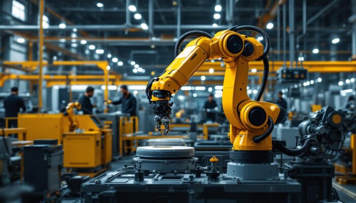 A photograph of a modern industrial robotic arm in action within a manufacturing environment