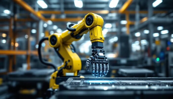 A photograph of a dynamic industrial robotic arm in action