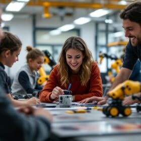 A photograph of a dynamic classroom setting at waltham schools where students are actively engaged in hands-on learning with industrial robots