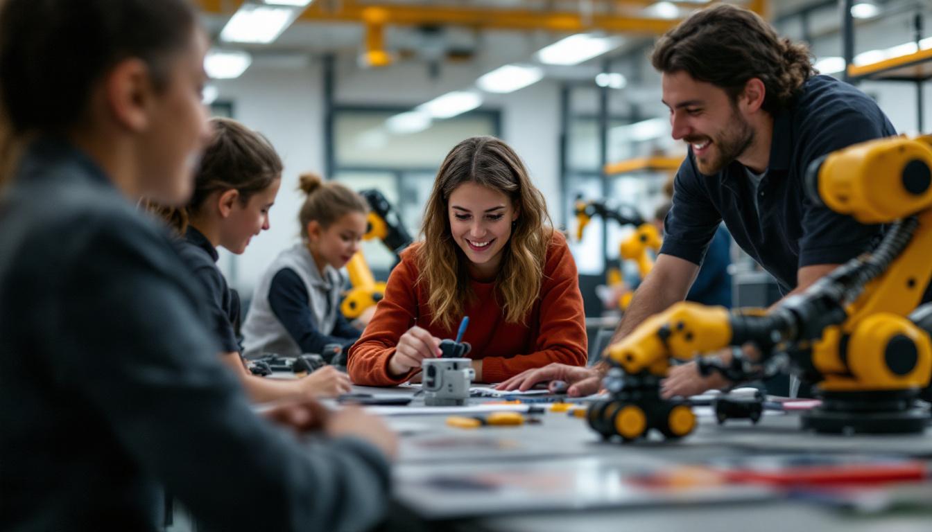 A photograph of a dynamic classroom setting at waltham schools where students are actively engaged in hands-on learning with industrial robots