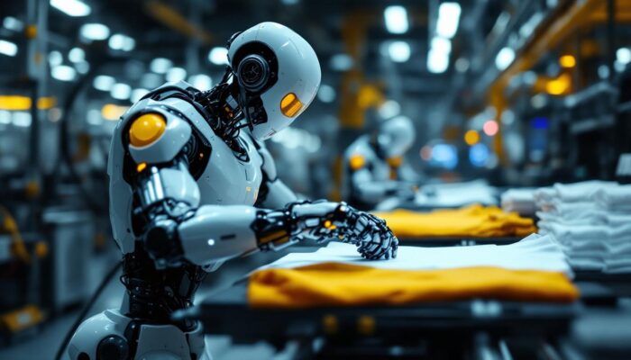 A photograph of a high-tech industrial robot in action