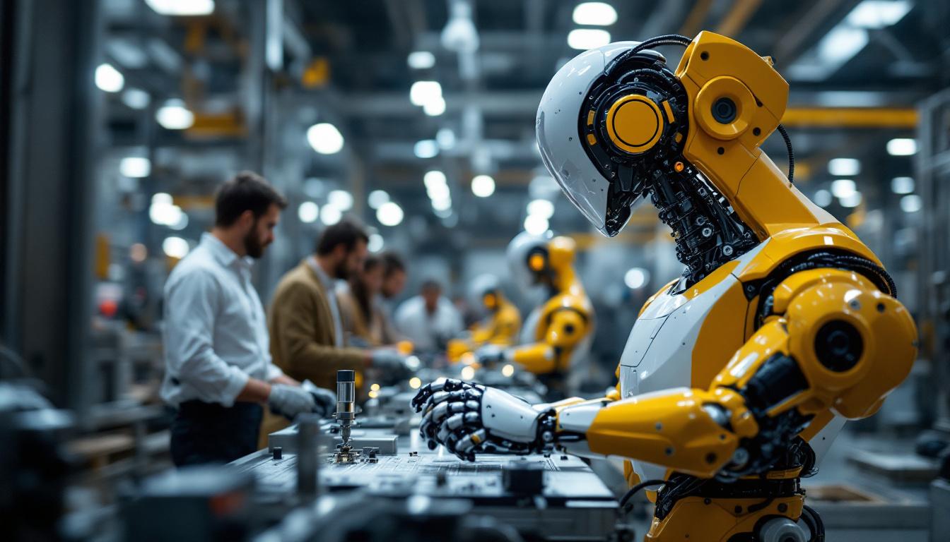 A photograph of a sleek industrial robot in action within a boston manufacturing facility