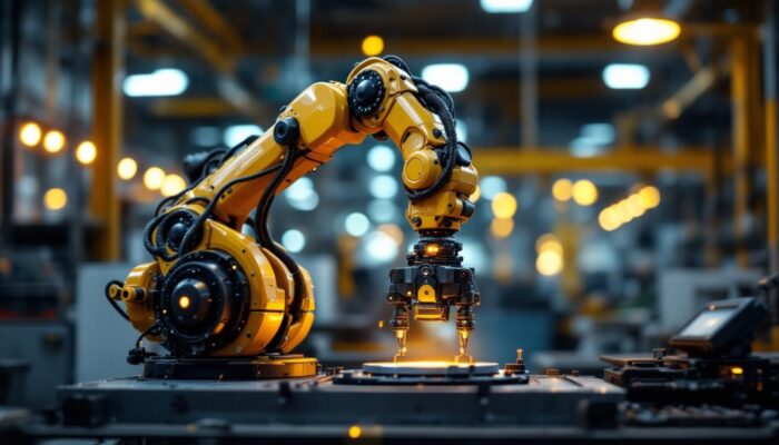 A photograph of a dynamic industrial robotic arm in action