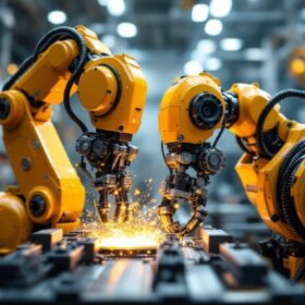 A photograph of a dynamic industrial robot in action
