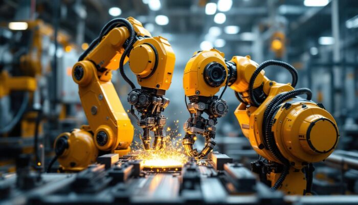 A photograph of a dynamic industrial robot in action