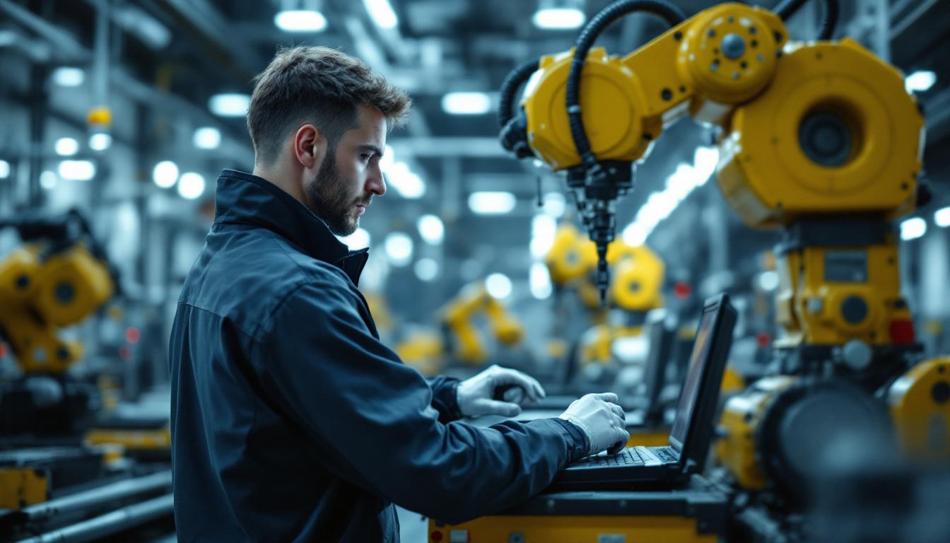 A photograph of a skilled manufacturing engineer working alongside advanced industrial robots in a dynamic factory setting