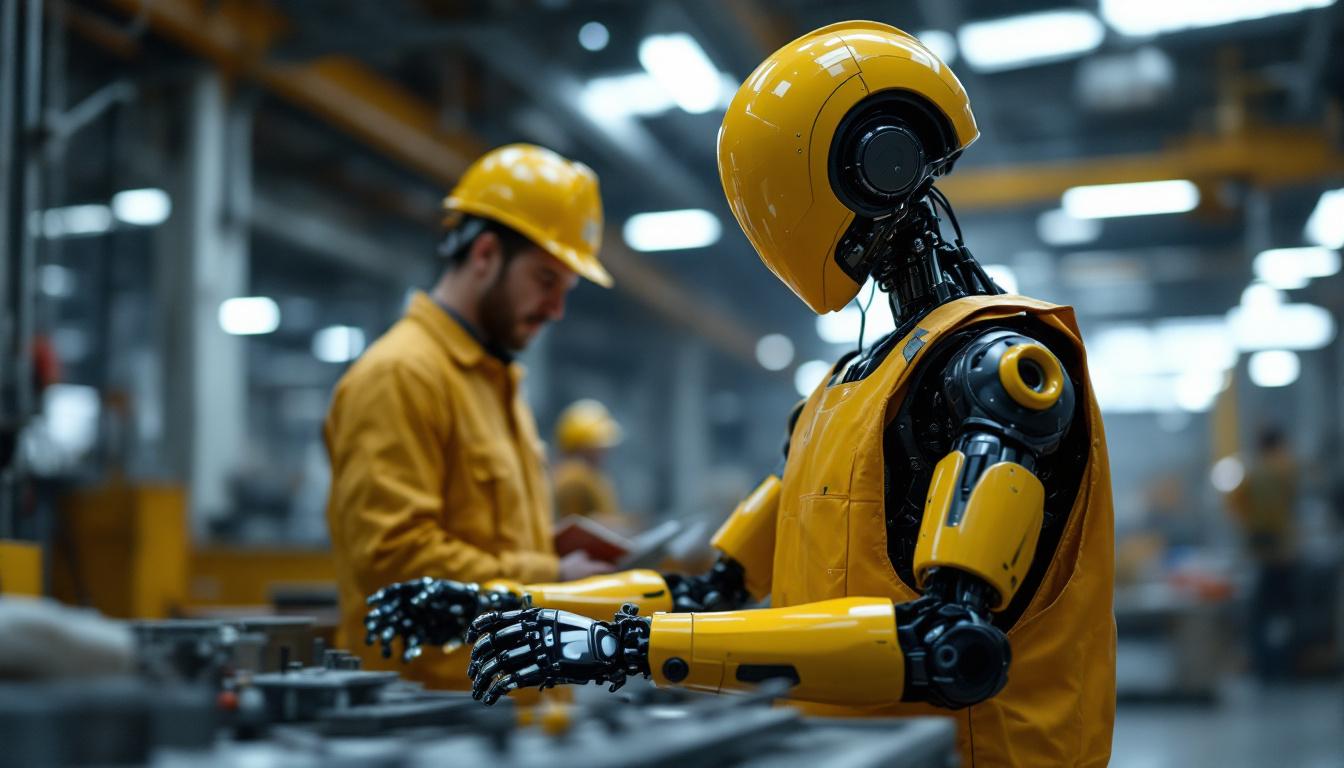 A photograph of a humanoid robot working alongside human workers in an industrial setting