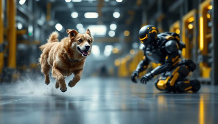 A photograph of a dynamic scene featuring a dog sprinting at full speed alongside a sleek industrial robot in a high-tech environment