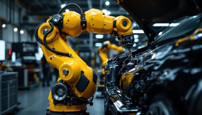 A photograph of capture a photograph of a sleek industrial robotic arm in action