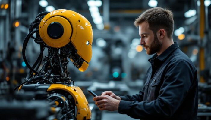 A photograph of a skilled technician programming or interacting with an industrial robot in a modern manufacturing environment