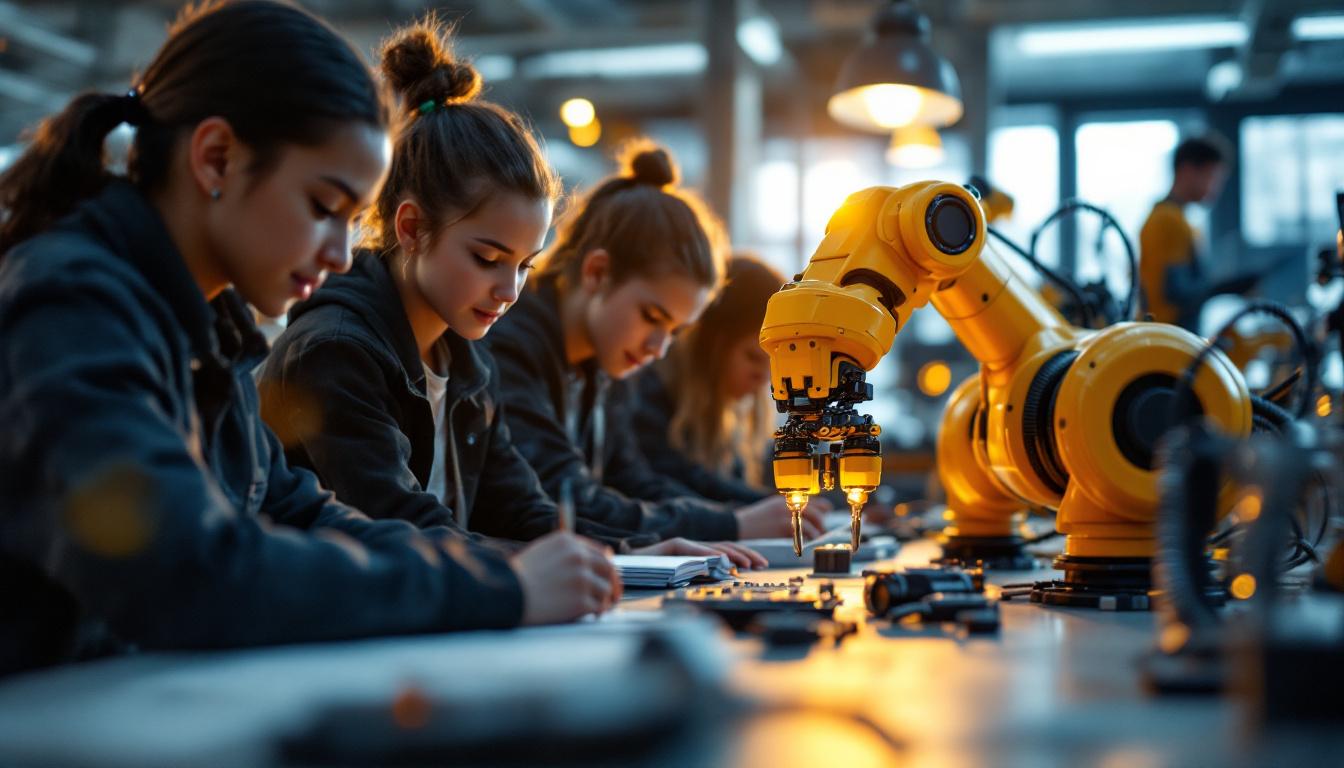 A photograph of a dynamic classroom setting where students are actively engaged in hands-on learning with industrial robots