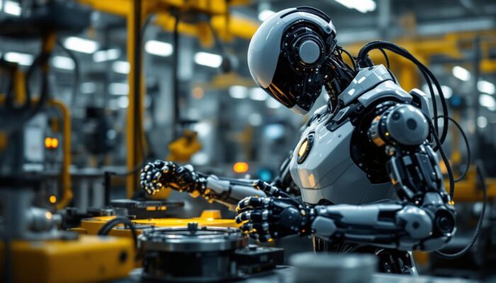 A photograph of a sleek industrial robot in action within a manufacturing environment