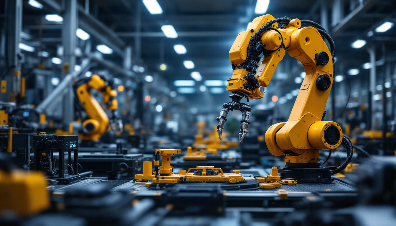 A photograph of a sophisticated industrial robot in action within a texas manufacturing facility