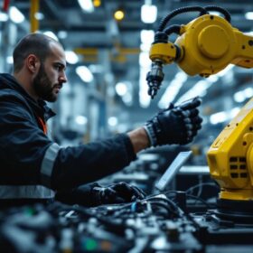 A photograph of a skilled technician programming or operating an industrial robot in a modern seattle-based manufacturing facility