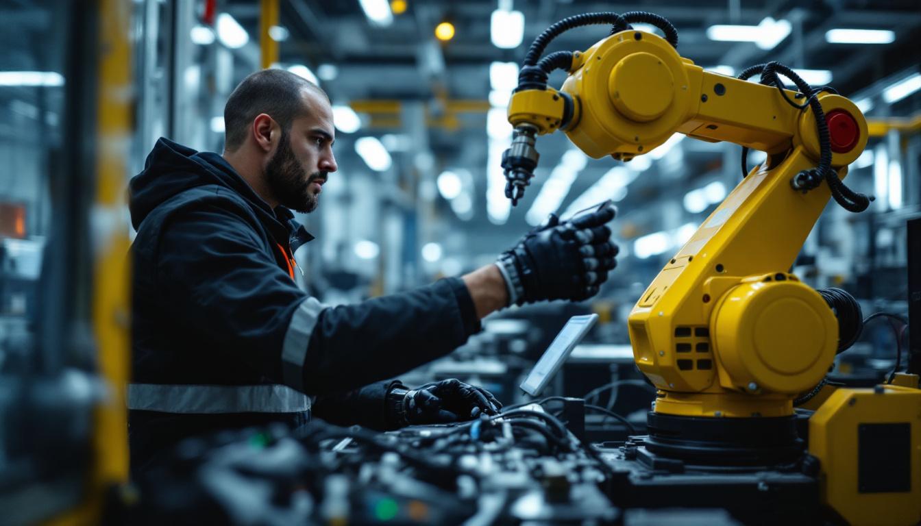 A photograph of a skilled technician programming or operating an industrial robot in a modern seattle-based manufacturing facility
