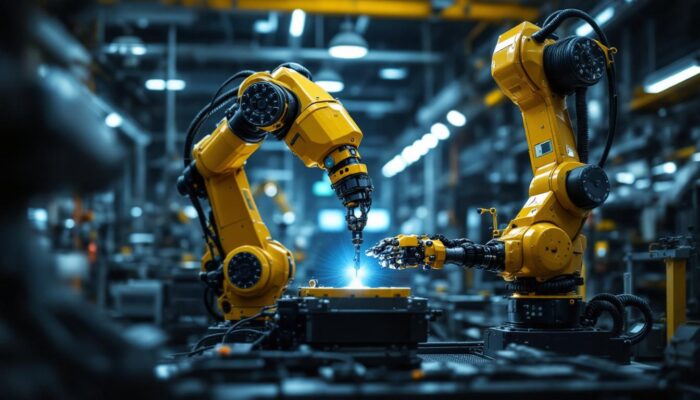 A photograph of a skilled technician operating an industrial robotic arm in a modern manufacturing setting