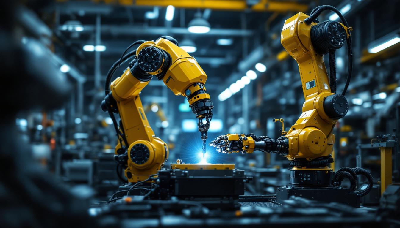 A photograph of a skilled technician operating an industrial robotic arm in a modern manufacturing setting