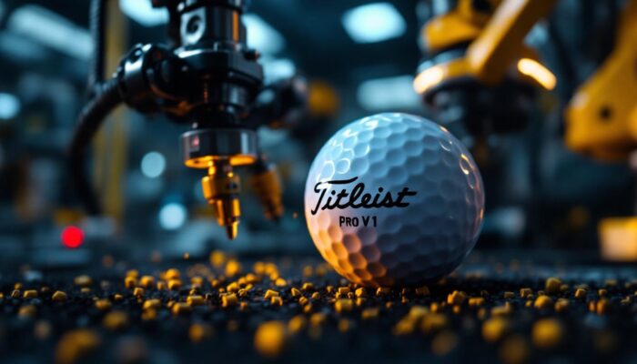 A photograph of a titleist pro v1 golf ball prominently displayed alongside an industrial robotic arm in a dynamic setting