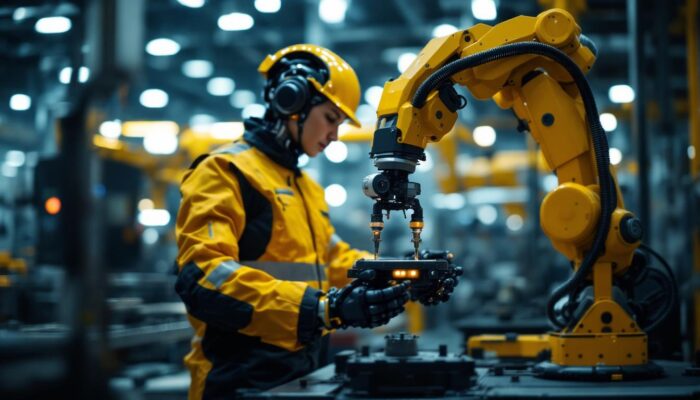 A photograph of a modern industrial robot in action within a manufacturing environment